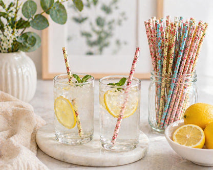 75-Pack Eco-Friendly Biodegradable Paper Straws - Vintage Rose & Floral Design in Pink, Blue, Yellow - Disposable Straws for Parties By JPACO