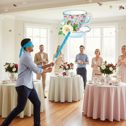 Aoriher 4 Pieces Tea Party Piñatas Tea Flower Themed Decorations Teapot Small Piñata Bundle with Blindfold and Stick Teacup Party Supplies Favors for Birthday(Pink,Teapot)