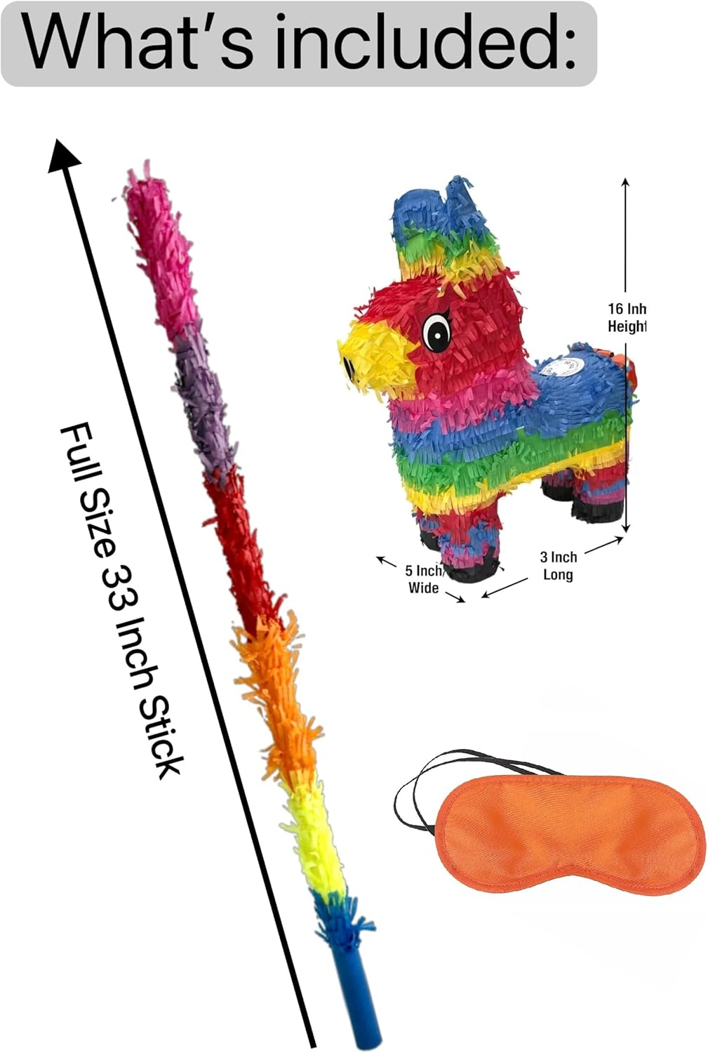 GIFTEXPRESS 16" Rainbow Donkey Pinata- Benito the Donkey - with Full-Size 33" Pinata Stick and Blindfold- Mexican Theme Party Decoration for Birthdays, Fiestas & Cinco de Mayo - Kids Party Favors