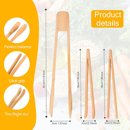 Zopeal 3 Pcs Bamboo Utensils for Cooking Wooden Toaster Tongs Long Cooking Salad Tongs for Picking up Cheese Bacon Toast Cake Fruits Bread Spaghetti for Kitchen Women Men