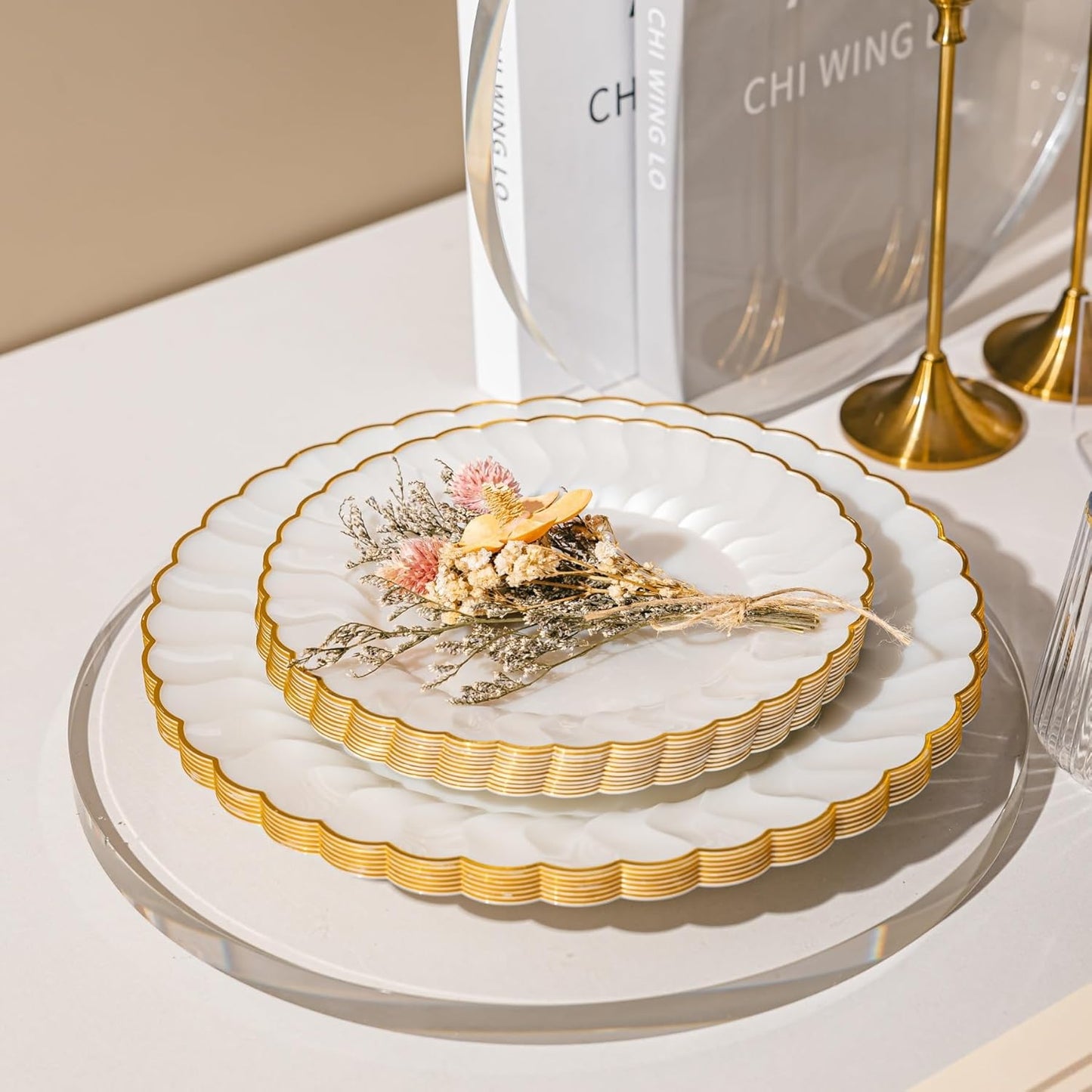 Lullaby 60PCS Ivory Scalloped Plastic Plates with Gold Rim, Disposable Elegant Plates Include 30pcs Dinner Plate 10.25", 30pcs Plastic Dessert Plate 7.5", Perfect for Wedding and Party