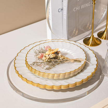 Lullaby 60PCS Ivory Scalloped Plastic Plates with Gold Rim, Disposable Elegant Plates Include 30pcs Dinner Plate 10.25", 30pcs Plastic Dessert Plate 7.5", Perfect for Wedding and Party