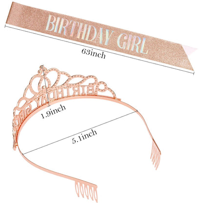 Chanaco Happy Birthday Crown and Sash Kit for Women and Girls - Rhinestone Tiara and Sashes with 'BIRTHDAY GIRL' Sash for Party Favors