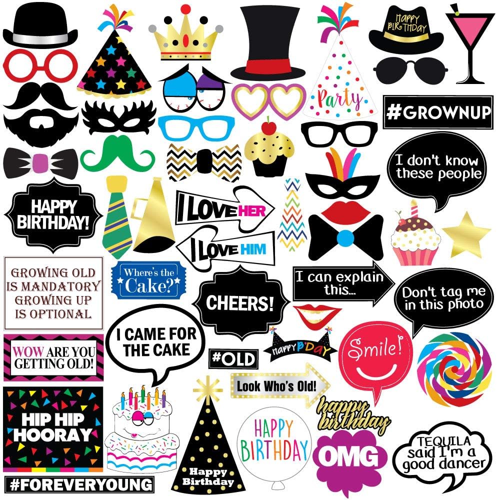 Funny Birthday Photo Booth Props - 47 Pieces - Funny Birthday Party Supplies for Him or Her - Photo Booth Decorations, Favors and Gifts