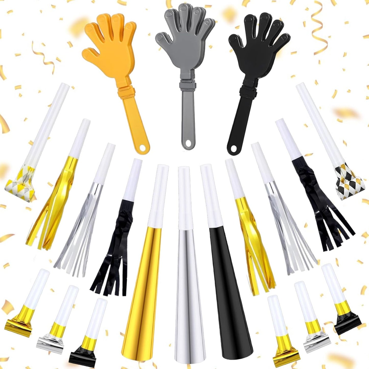 JarThenaAMCS 240 Pcs Noise Makers 48 Pcs 7.5 Inch Clapping Hands, 48 Horns, 48 Metallic Fringed Noisemakers, 48 Blowouts and 48 Blowers Whistles for Graduation Wedding Birthday Party Supplies