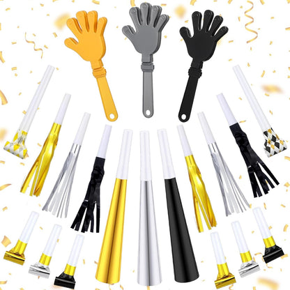 JarThenaAMCS 240 Pcs Noise Makers 48 Pcs 7.5 Inch Clapping Hands, 48 Horns, 48 Metallic Fringed Noisemakers, 48 Blowouts and 48 Blowers Whistles for Graduation Wedding Birthday Party Supplies