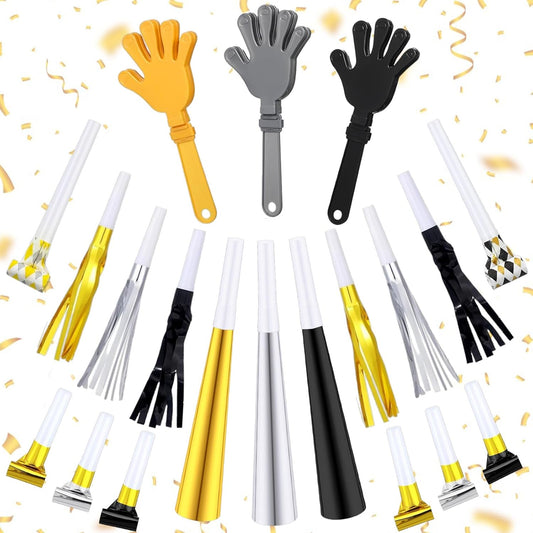 JarThenaAMCS 240 Pcs Noise Makers 48 Pcs 7.5 Inch Clapping Hands, 48 Horns, 48 Metallic Fringed Noisemakers, 48 Blowouts and 48 Blowers Whistles for Graduation Wedding Birthday Party Supplies