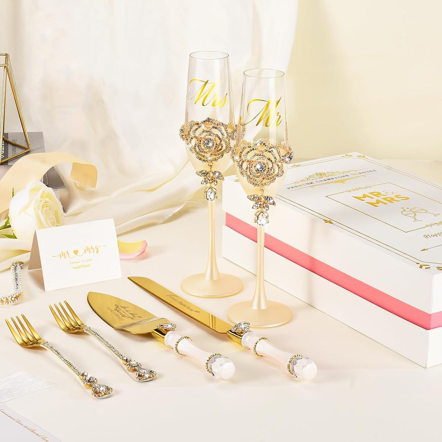 Engagement Gifts for Couples, Wedding Cake Knife and Server Set, Luxury Handcrafted Champagne Flutes with Rhinestone Rose and Pendant Drop, Cake Cutting Set for Wedding, Bride and Groom Gift-ready Box