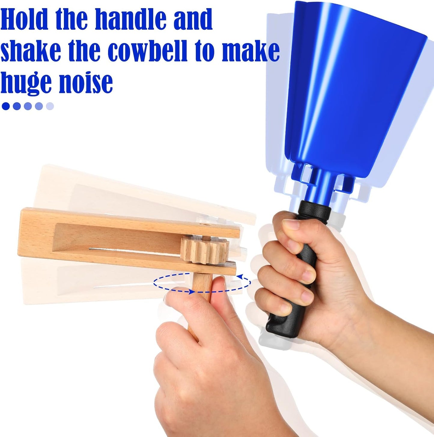 Nuanchu 10 Inch Cowbell Noise Makers for Sport Event Steel Cowbell with Handle and 2 Pcs Wooden Spinning Rattle Ratchet Matraca Cheer Bell Alarm for Football Game Musical Percussion Instruments(Brown)