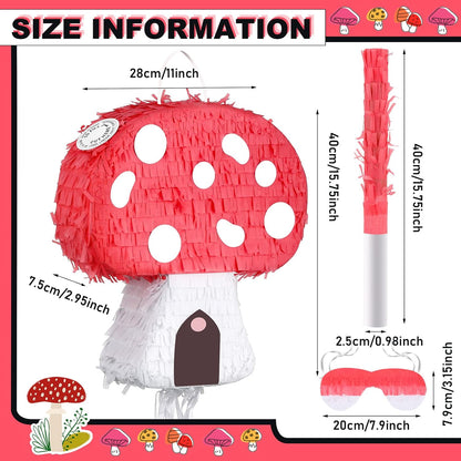 Charniol Mushroom Pinata with Stick and Blindfold, Paper, Baby Shower, Fantasy Theme Decoration