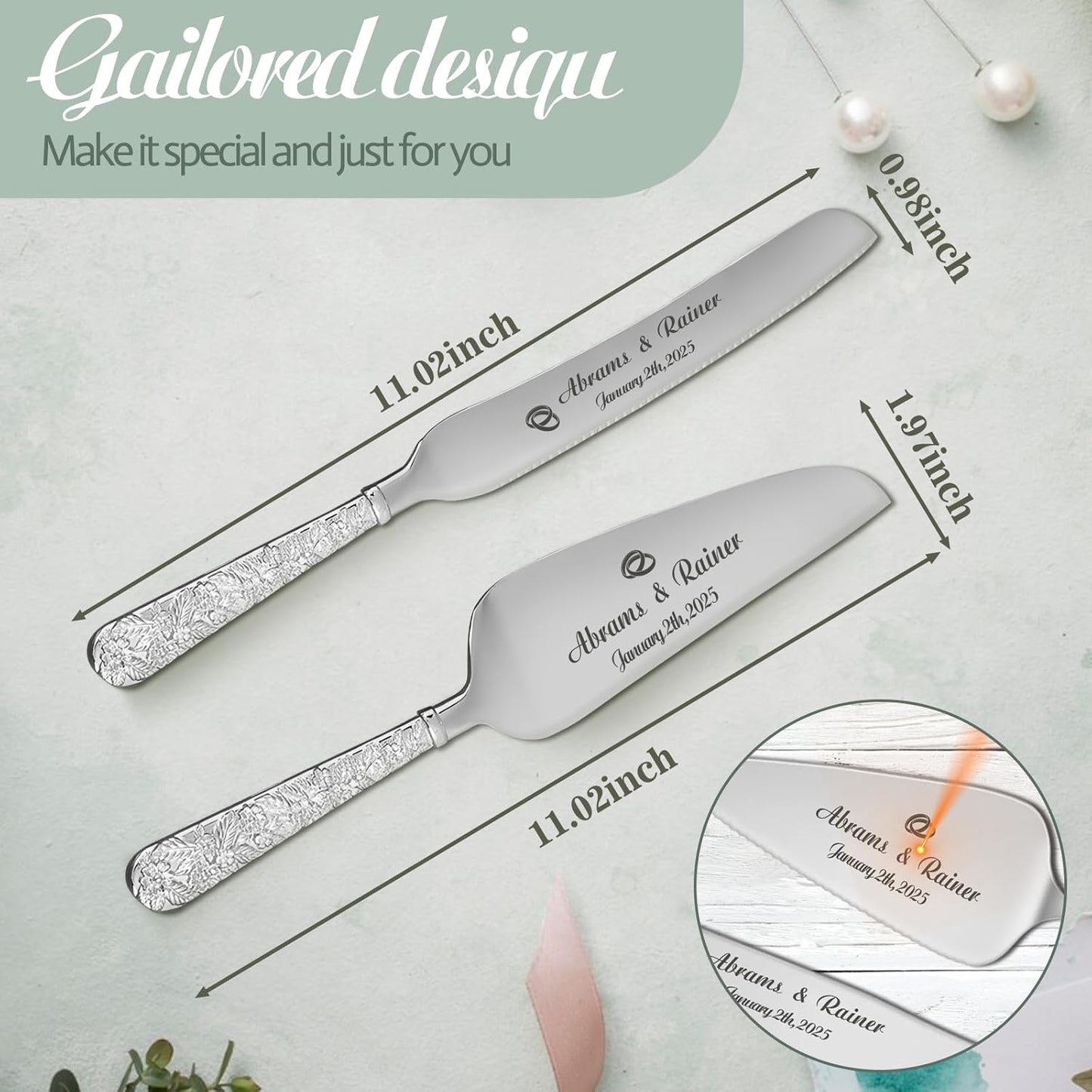 HJX Personalized Wedding Cake Knife and Server Set with Champagne Flutes, Custom Name Text Toasting Glasses for Bride and Groom, Cake Cutting Set Ideal Wedding Engagement Bridal Shower Gift