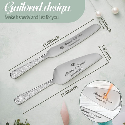 HJX Personalized Wedding Cake Knife and Server Set with Champagne Flutes, Custom Name Text Toasting Glasses for Bride and Groom, Cake Cutting Set Ideal Wedding Engagement Bridal Shower Gift