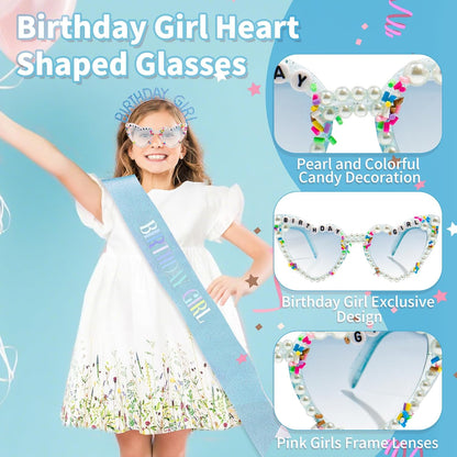 3Pcs Birthday Girl Sash Headband Set-Birthday Sash Tiara and Crown Sunglasses for Girls Women