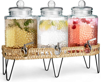 1.5 Gallon Glass Drink Dispenser for Parties 3 PACK Beverage Dispensers with Stand, Glass Water Jug Dispenser, with 18/8 Stainless Steel Spigot, Great for Party, Wedding, Picnic, BBQ Wicker Design