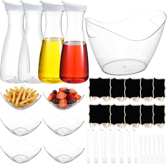 27 Pcs Mimosa Bar Supplies Include Acrylic Ice Bucket 4Pcs 34oz Plastic Carafe with Lids 6 Disposable Salad Bowls with Spoons & Tongs 10 Mini Wooden Chalkboards for Summer Party Family Gathering Bar