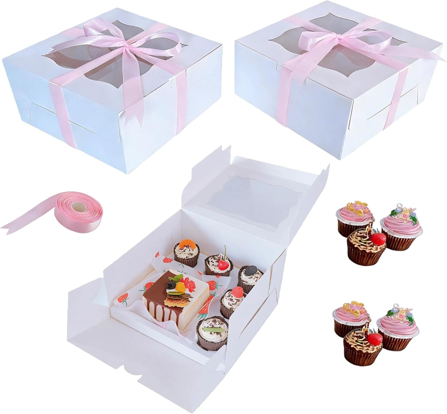 10-Pack Cupcake Box Combo with Clear Window, 1 Small Cake and 5 Cupcakes Storage Container, Ribbon and Stickers for Birthday Party, Mother's Day (10 pcs+ ribbon)