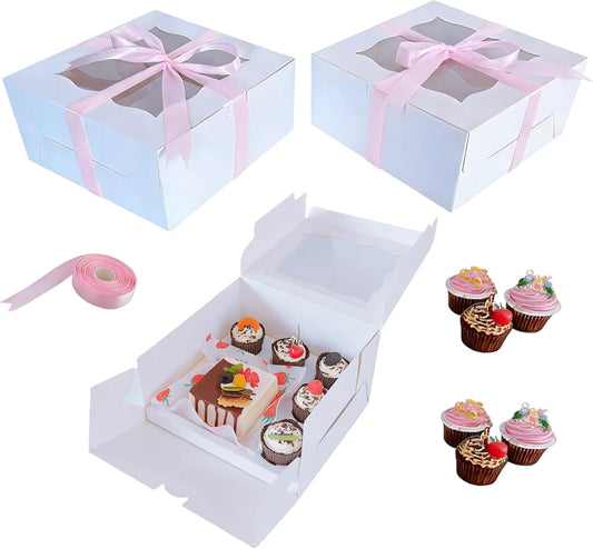 10-Pack Cupcake Box Combo with Clear Window, 1 Small Cake and 5 Cupcakes Storage Container, Ribbon and Stickers for Birthday Party, Mother's Day (10 pcs+ ribbon)