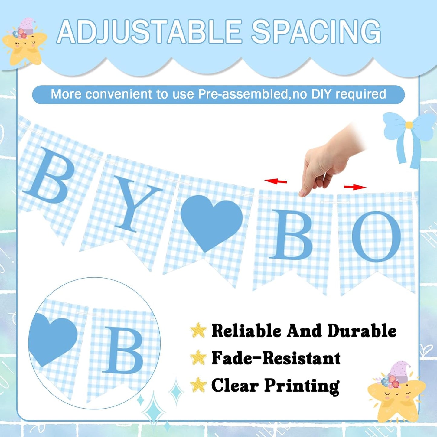 Hahafelt 1 Pcs Blue Gingham Welcome Baby Boy Banner for Baby Shower Party Decorations Pre Strung Gender Reveal Paper Banner for Table, Wall, Mantel Display Party Decor Supplies