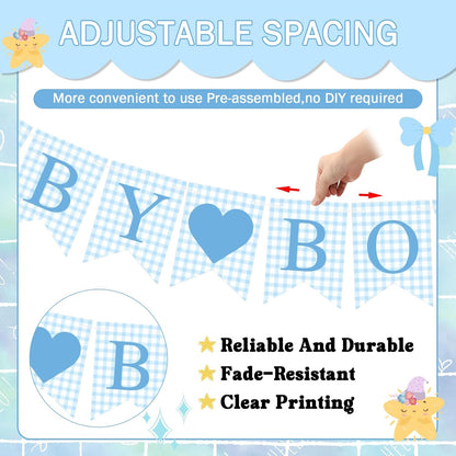 Hahafelt 1 Pcs Blue Gingham Welcome Baby Boy Banner for Baby Shower Party Decorations Pre Strung Gender Reveal Paper Banner for Table, Wall, Mantel Display Party Decor Supplies