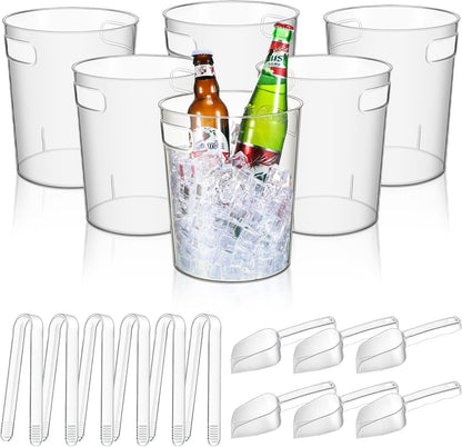 Rtteri 6 Set Plastic Ice Buckets for Parties with Handle, Scoop, Serving Tongs, Large Clear Ice Bucket Round Chiller Beverage Tubs Drink Bottle Cooler for Champagne Beer Wine(4 L)