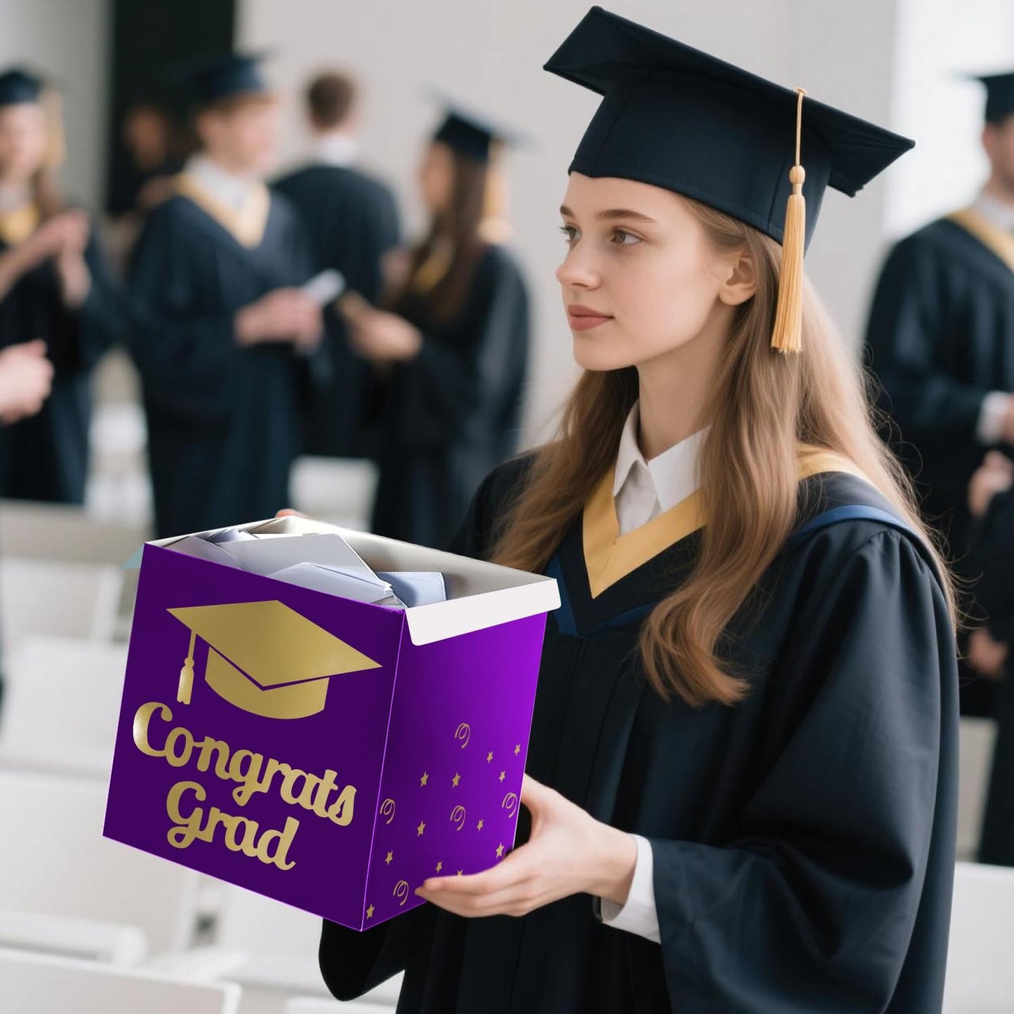 Graduation Card Box Holder, Congrats Grad Foldable Cardboard Decorations Box for Graduation Party Decoration and Grad Parties (Black)