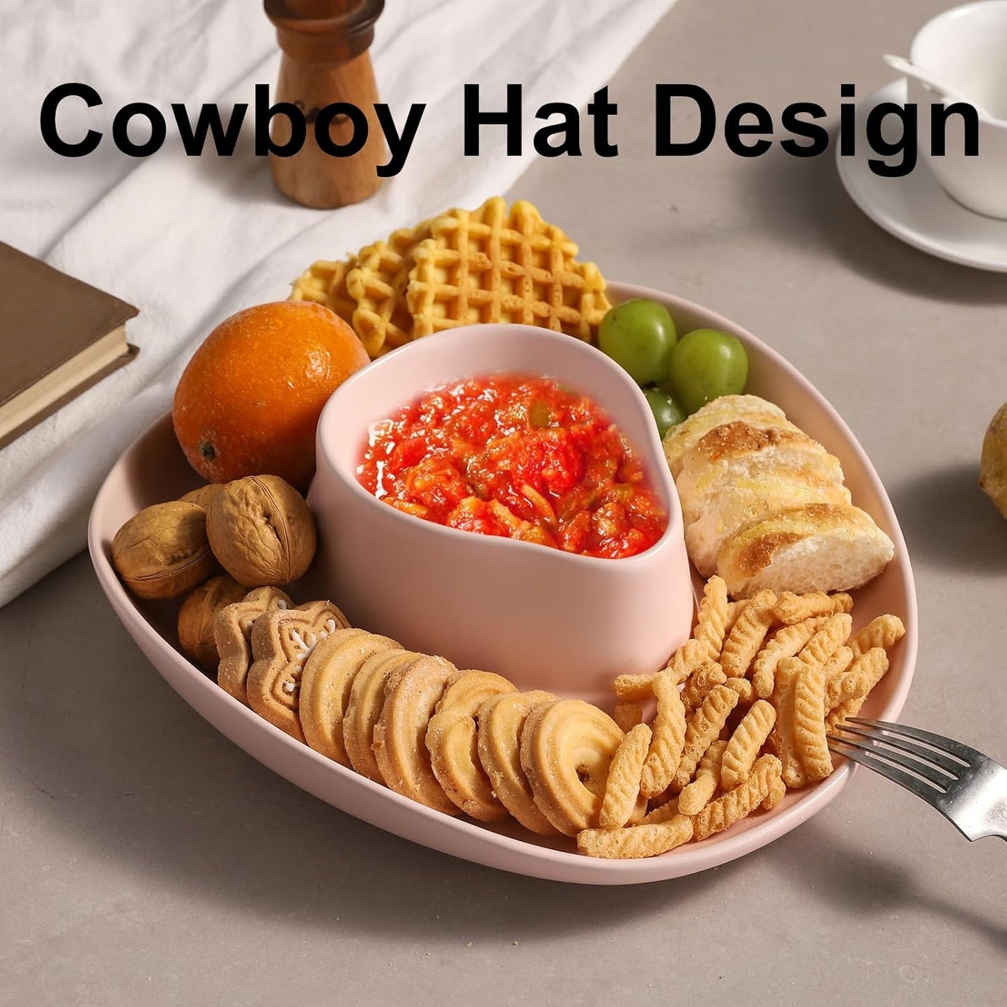 Chip and Dip Serving Set Bowl Cowboy Hat Chips and Salsa Serving Dish.10.6 x 11.6 x 3.5 in White