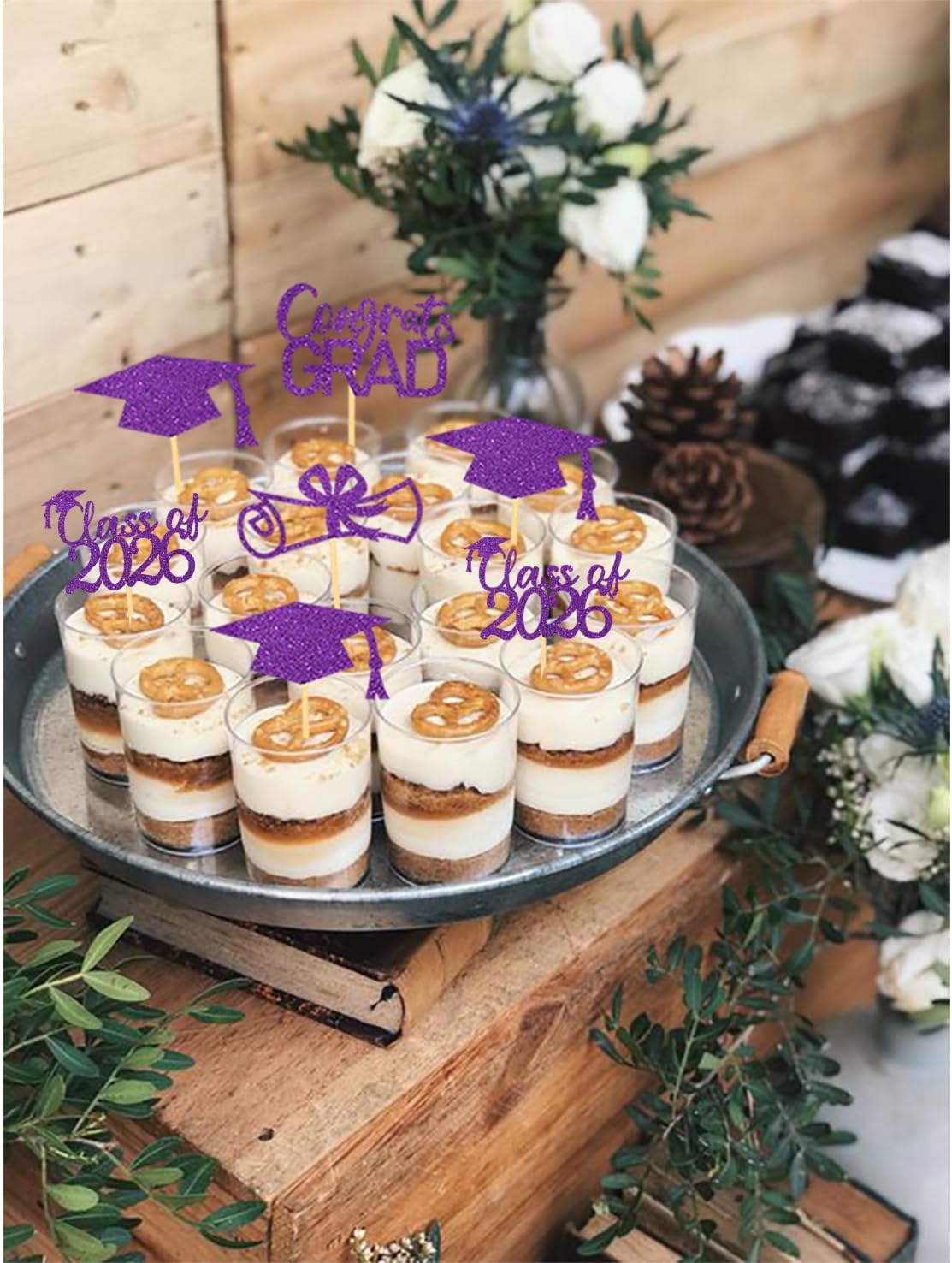 2026 Graduation Theme Cupcake Toppers Glitter Class of 2026 Graduation Cap Diploma Cupcake Picks - Set of 24 (Gold)