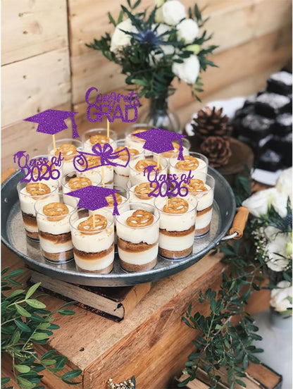 2026 Graduation Theme Cupcake Toppers Glitter Class of 2026 Graduation Cap Diploma Cupcake Picks - Set of 24 (Gold)