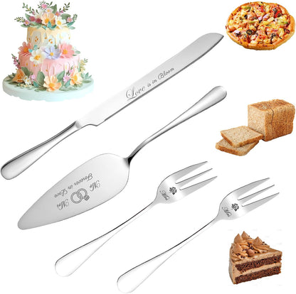 Wedding Cake Knife and Server Set, Stainless Steel Cakes toppers with Forks, Engraved Cake Cutting Set, Cutter Pie Spatula for Engagement, Birthday, Party, Christmas, Anniversary (Silver)