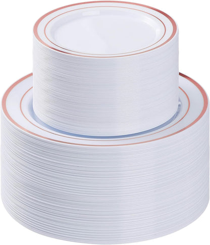 BESTVIP 200PCS Gold Plastic Plate, Disposable Party Plates with 100 Dinner Plates and 100 Dessert Plates, Plastic Plates for Party, Wedding and Birthday