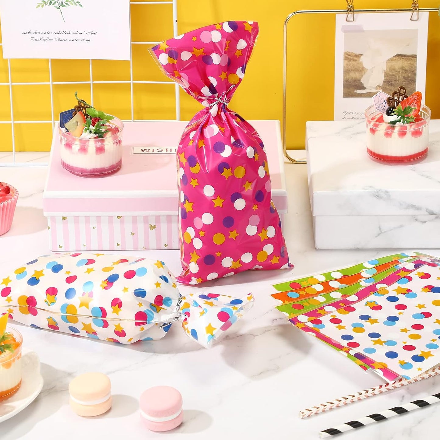 Pajean 100 Pcs Cellophane Treat Bags for Party Favors Polka Dots Goodie Star Treat Candy Bags with 100 Twist Ties Rainbow Stars Theme for Birthday Mother's Day Birthday Weddings Supplies
