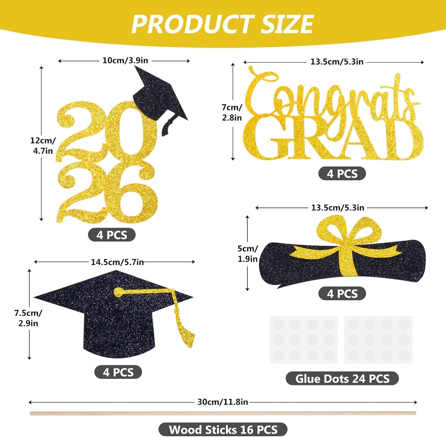 Graduation Decorations 2026, 16pcs Graduation Centerpieces for Table, Gold and Black Graduation Table Centerpieces Toppers, Class of 2026 Graduation Party Decorations Double Sided