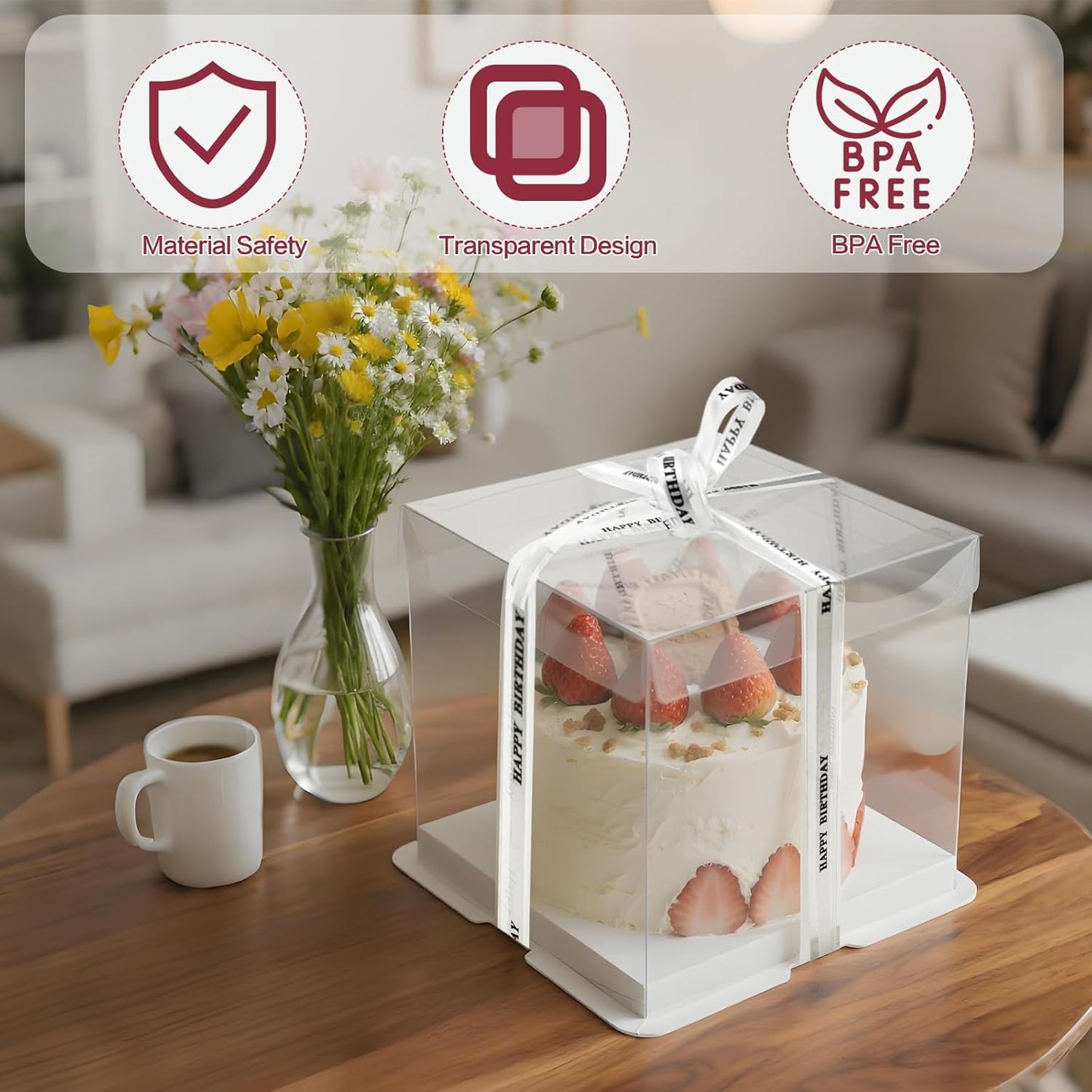 6 Pack Clear Cake Box with Ribbon, 8 x 8 x 9 Inch Transparent Cake Carrier Transport Container, PET Bakery Take Out Transport Containers for Birthday, Holiday, Wedding, Party