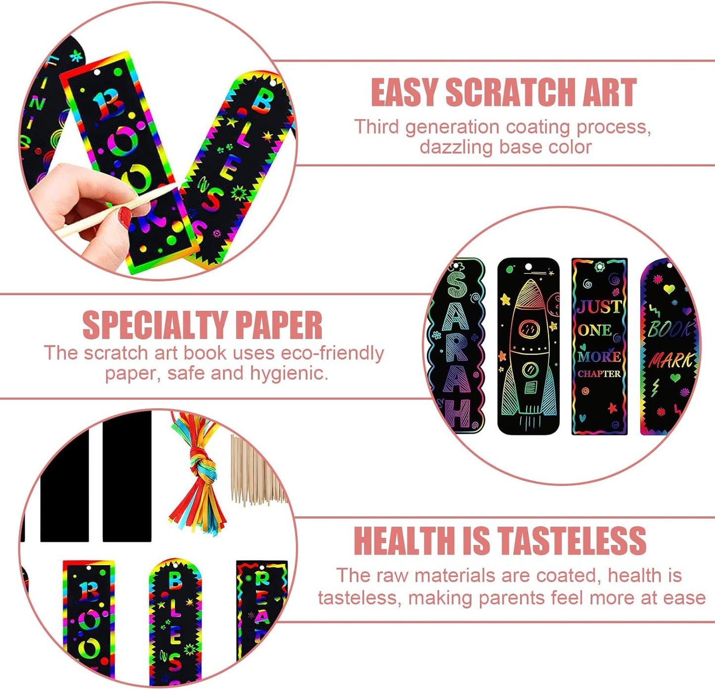 48 Set Bookmark Making Kit,4 Styles Magic Rainbow Bookmarks Craft Kit with Ribbon and Bamboo Pen,Scratch Paper Art Sets for Party Bag Fillers