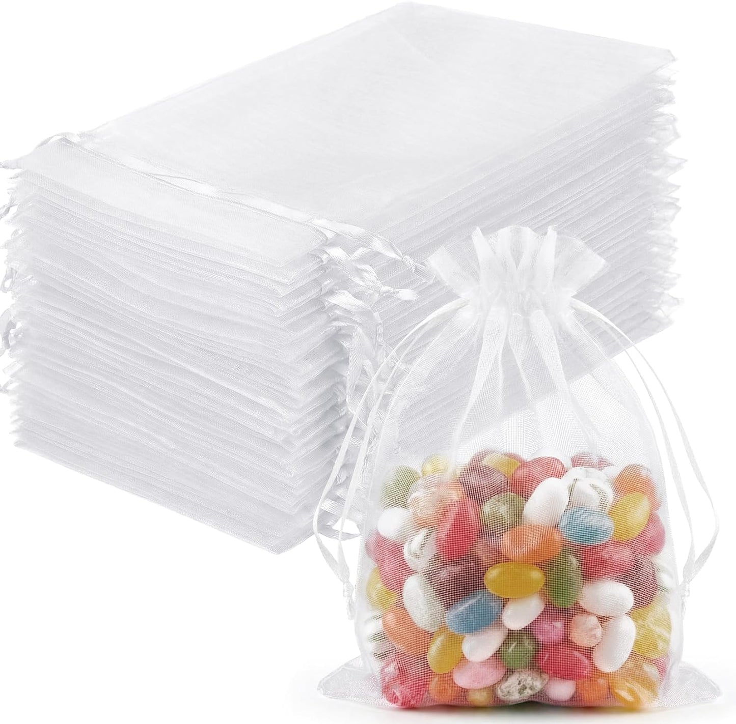 FUNFERY 100 Pcs White Organza Bags 3x4 in, Small Mesh Drawstring Gift Bags for Sachet, Jewelry, Wedding Favor, Candy Goodie Treat Bag,Easter Day