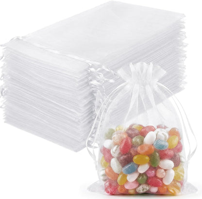 FUNFERY 100 Pcs White Organza Bags 3x4 in, Small Mesh Drawstring Gift Bags for Sachet, Jewelry, Wedding Favor, Candy Goodie Treat Bag,Easter Day