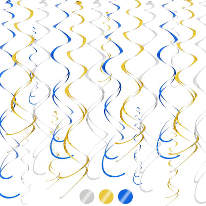 BEISHIDA Blue Blue Silver Hanging Swirls Party Decorations Plastic Streamer for Ceiling, Birthday Hanging Party Supplies, Pack of 30