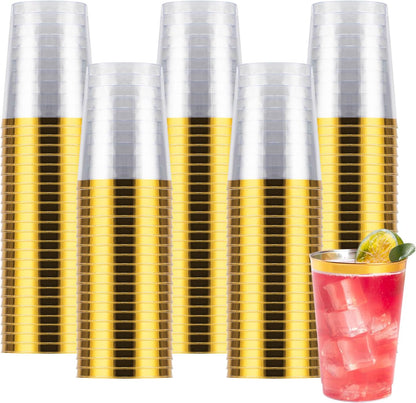 Goodluck 100PCS 9oz Gold Plastic Cups for Party, Disposable Gold Rim Cups, Plastic Cocktail Glasses for Wedding Thanksgiving, Christmas, and Parties