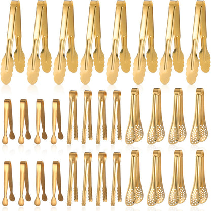32 Pcs Mini Serving Tongs, Stainless Steel Buffet Serving Utensils Small Tongs Catering Kitchen Food Tong for Appetizer Tea Party Coffee Bar Food Ice Salad Barbecue Cookies, 4 Styles(Gold)