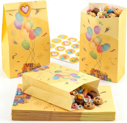 LovesTown 24 Pack Birthday Party Favor Bags with Stickers - 8.7"x4.7"x3.1" Festive Balloon & Gift Box Goodie Bags, Colorful Celebration for Kids Birthday, Classroom Rewards & Gift Packaging