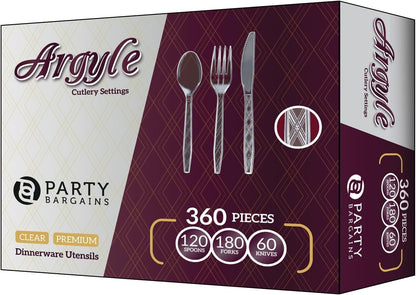 Party Bargains Disposable Cutlery set, SAPPHIRE Design, Clear Color, 360 Pieces: 180 Forks, 120 Spoons, 60 Knives