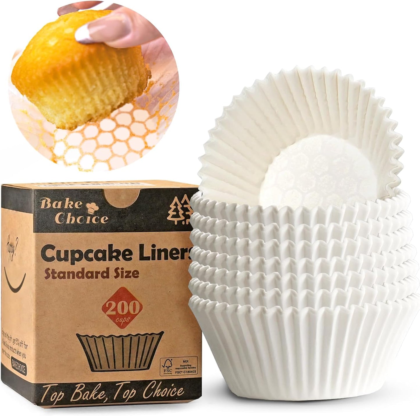Bake Choice Non-stick 200pcs Standard Cupcake Liners for Baking, Natural, Food-grade Cupcake Wrapper, Greaseproof Parchment Muffin Liners