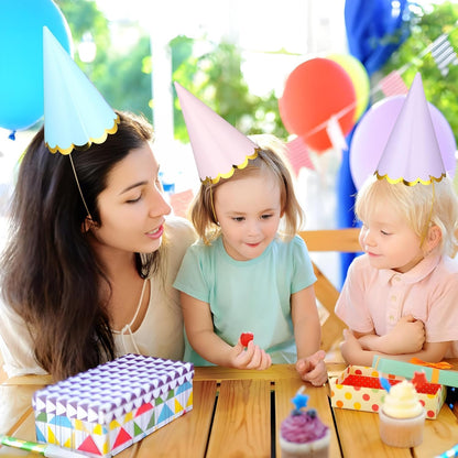 24Pcs Pastel Birthday Party Hats — Colorful Cone Paper Hats with Gold Edge/Gold-Stamped, Elastic String, 6 Colors, for Baby Shower, Bridal, Wedding