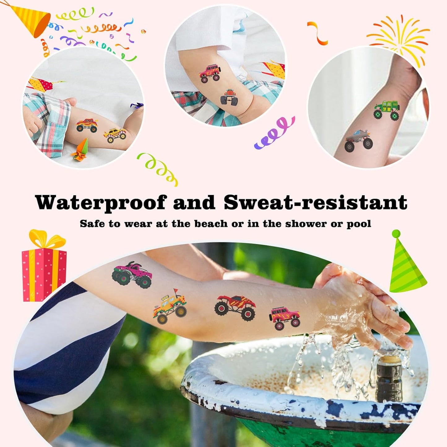 104 PCS Monster Truck Temporary Tattoos for Kids Party Supplies, Individually Wrapped Monster Truck Fake Tattoos Temp Tattoo Stickers for Boys Girls Birthday Party Favors Decorations Activities