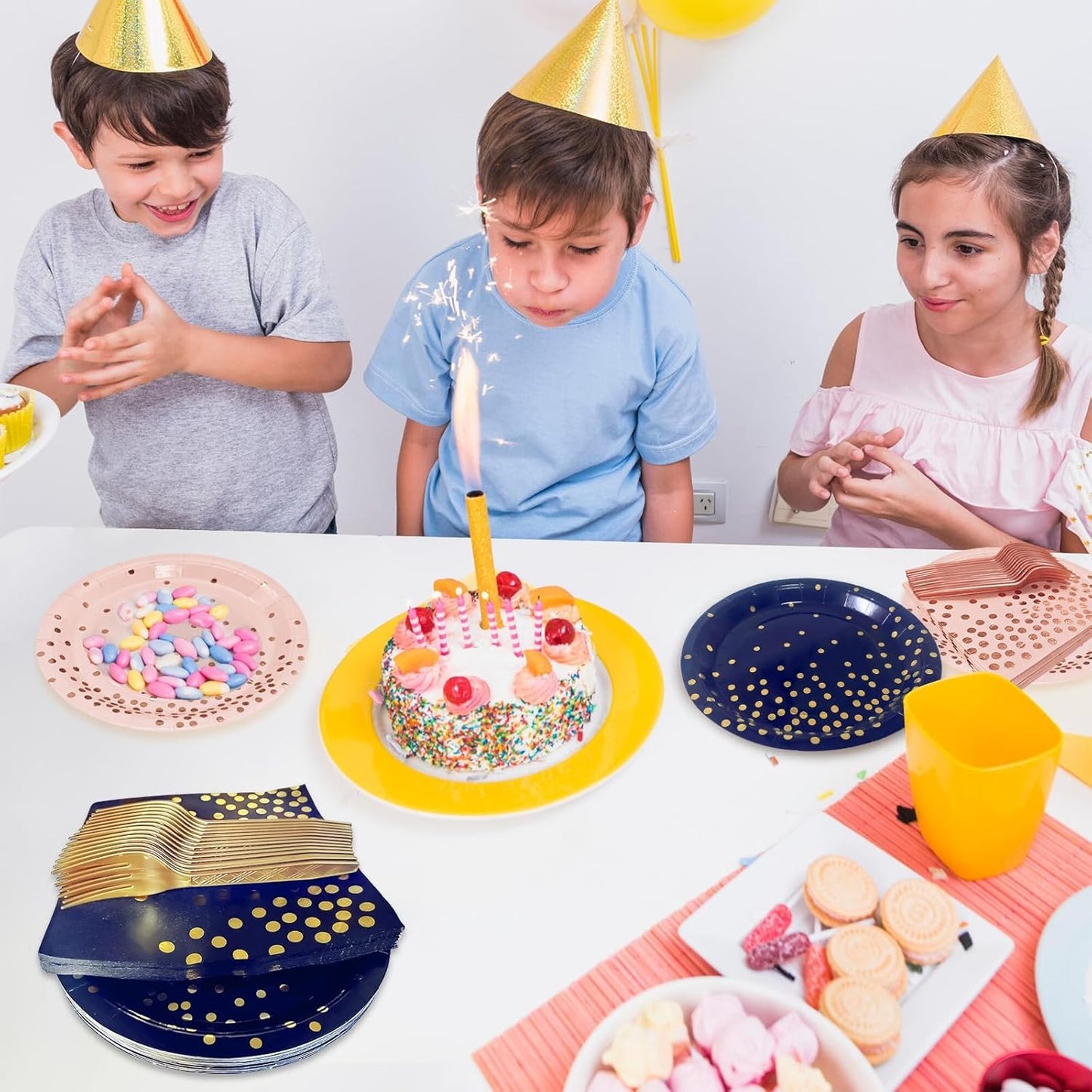 White and Gold Paper Plates Napkins Party Supplies,Disposable Gold Dot Paper Dessert Plates,105 PCS Birthday Plates and Napkins Party Supplies for Wedding(Serves 35 Guests 7")