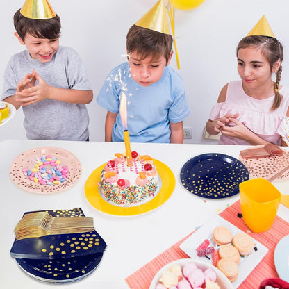 White and Gold Paper Plates Napkins Party Supplies,Disposable Gold Dot Paper Dessert Plates,105 PCS Birthday Plates and Napkins Party Supplies for Wedding(Serves 35 Guests 7")