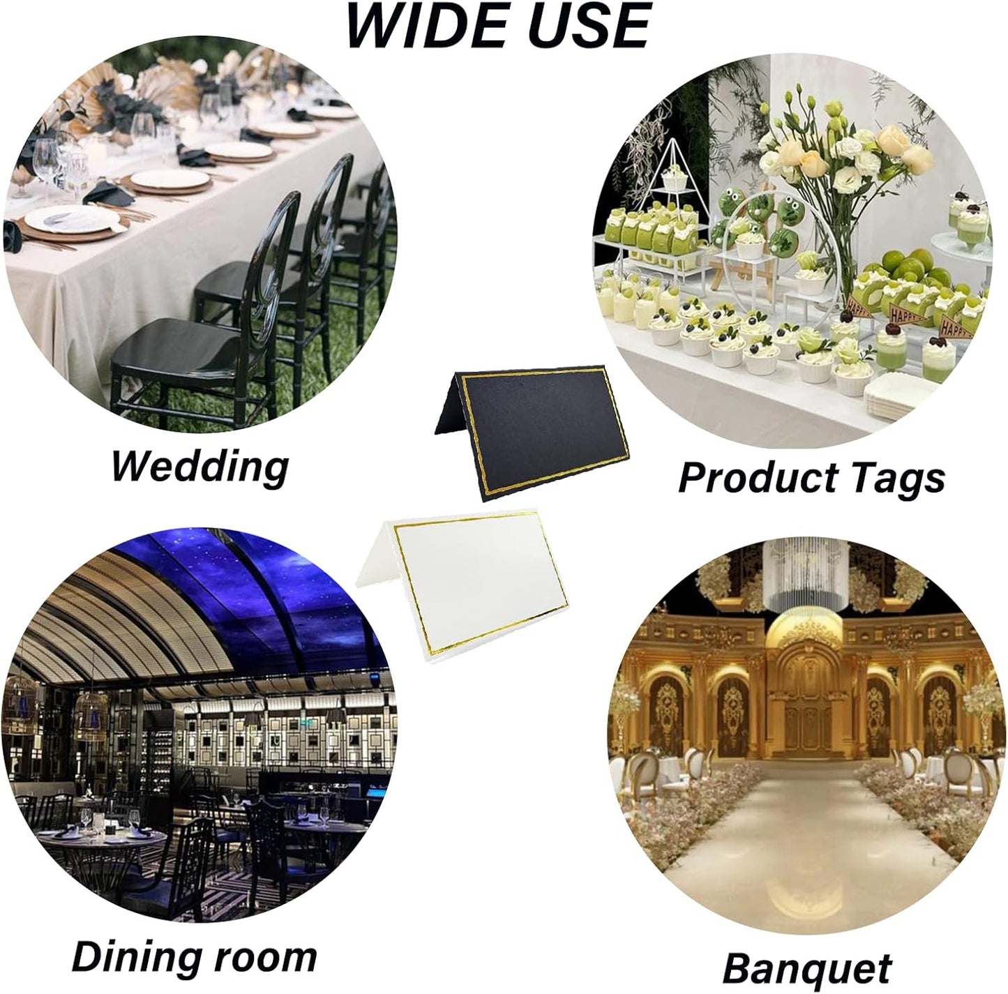 100Pcs Black & White Place Cards, 2"x3.5" Folded Tent Name Cards with Luxurious Gold Foil Border for Weddings, Banquets, Dinner Parties - 50 Black + 50 White