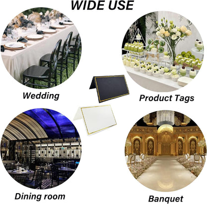 100Pcs Black & White Place Cards, 2"x3.5" Folded Tent Name Cards with Luxurious Gold Foil Border for Weddings, Banquets, Dinner Parties - 50 Black + 50 White