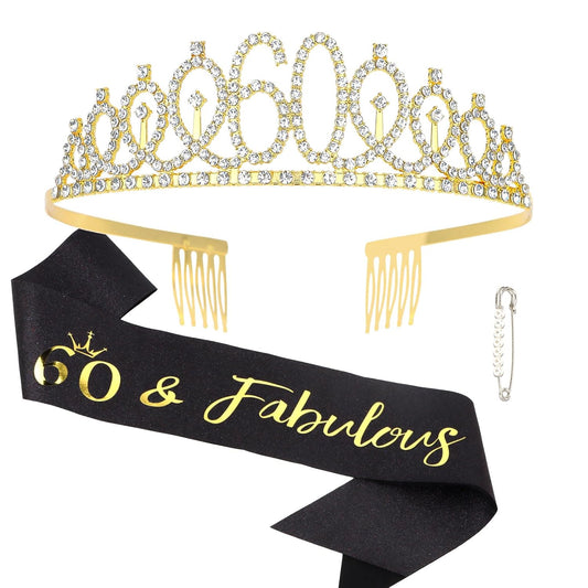 Semato 60 & Fabulous Birthday Crown and Sash Kit- 60th Birthday Gifts for Women 60th Birthday Party Decorations (rose gold)