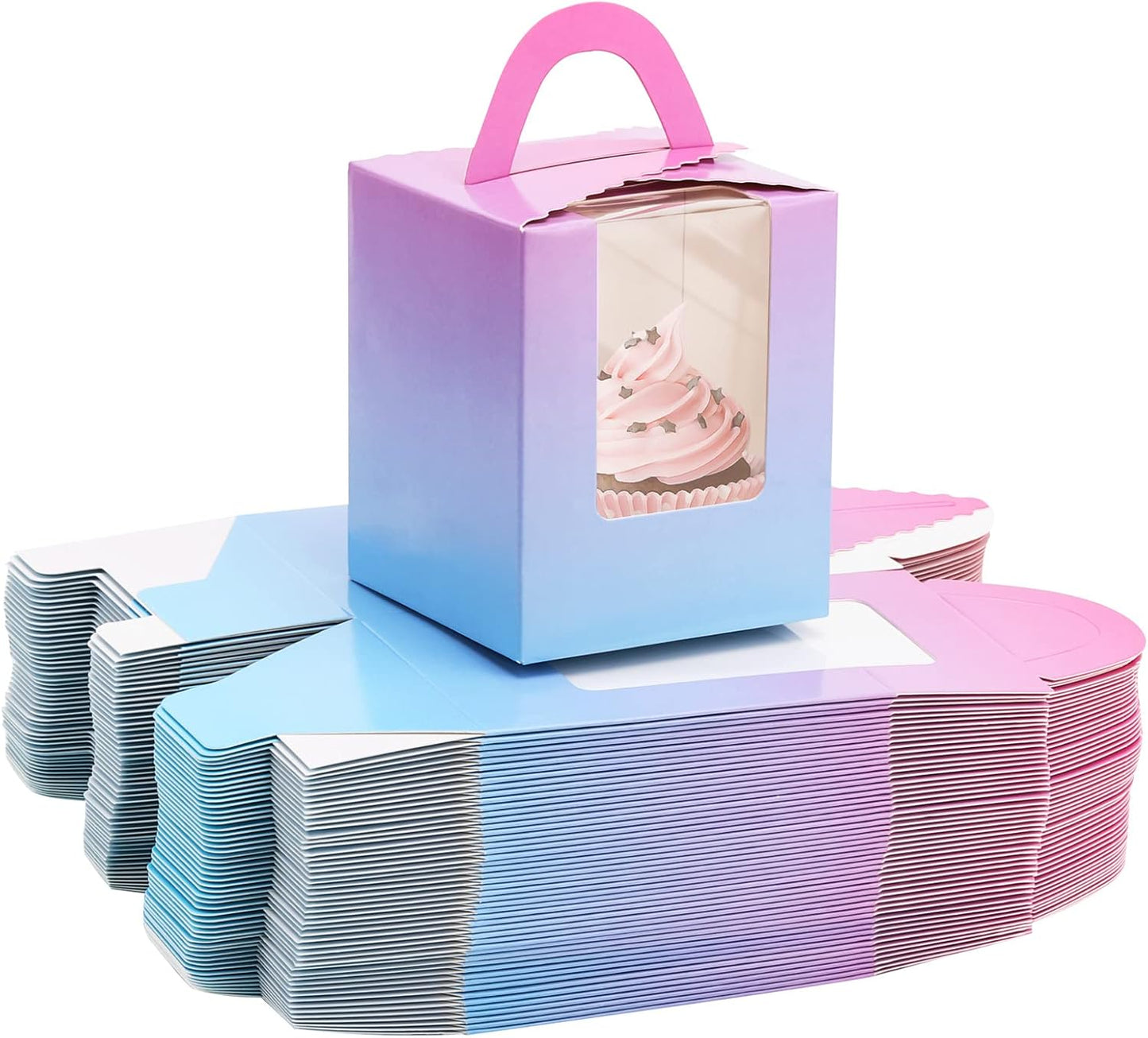 acDesign 100Pcs Cupcake Boxes With Window 3.6in*3.6in*4.3in Single Individual Cupcake Boxes With Handle and Inserts for Wedding Birthday Party Treats Gift,Black